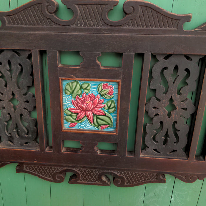 ENGLISH MAJOLICA TILED OAK WALL RACK