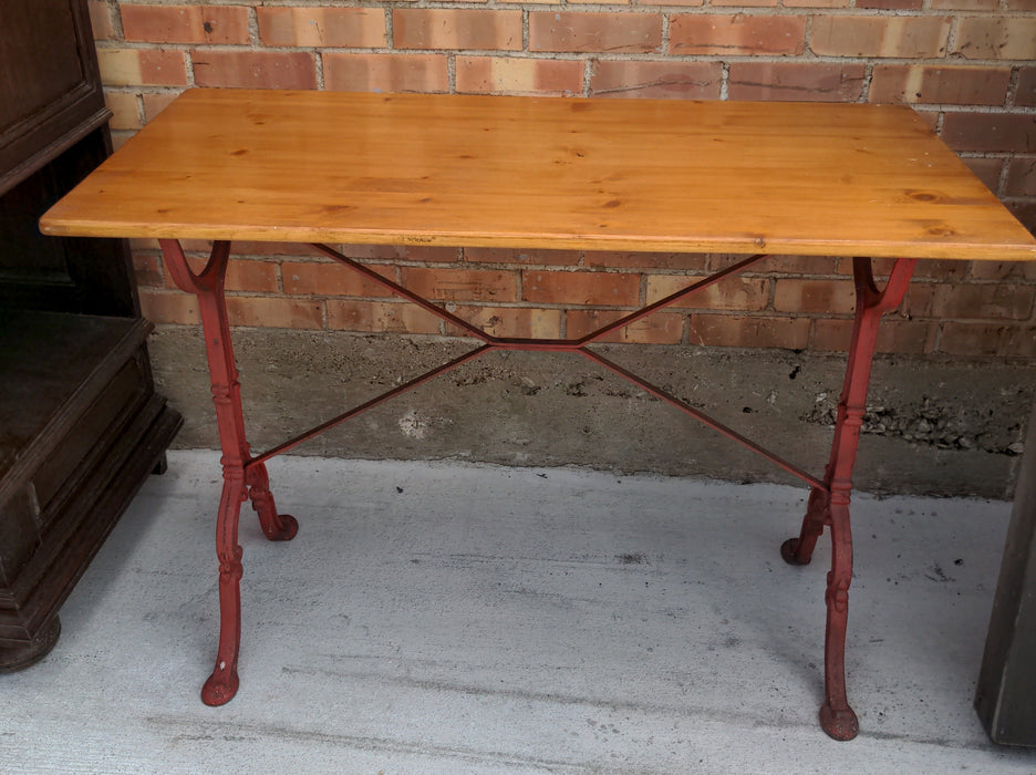 PINE AND CAST IRON BASE RECTANGULAR TABLE