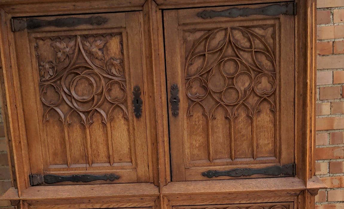 CARVED GOTHIC OAK CREDENCE CABINET