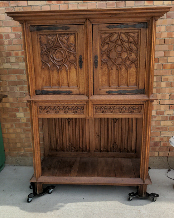 CARVED GOTHIC OAK CREDENCE CABINET