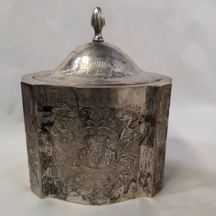 SILVER PLATE ENGRAVED LIDDED BOX WITH RED LINING