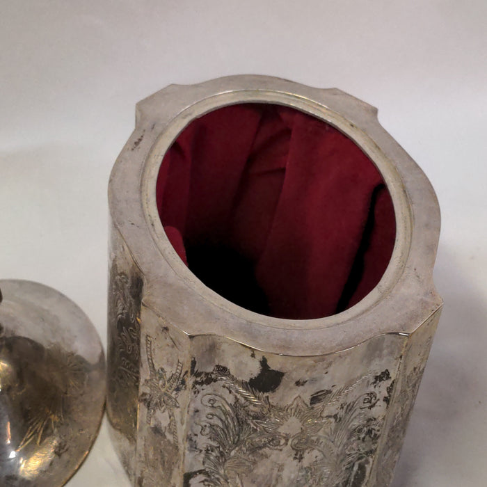SILVER PLATE ENGRAVED LIDDED BOX WITH RED LINING