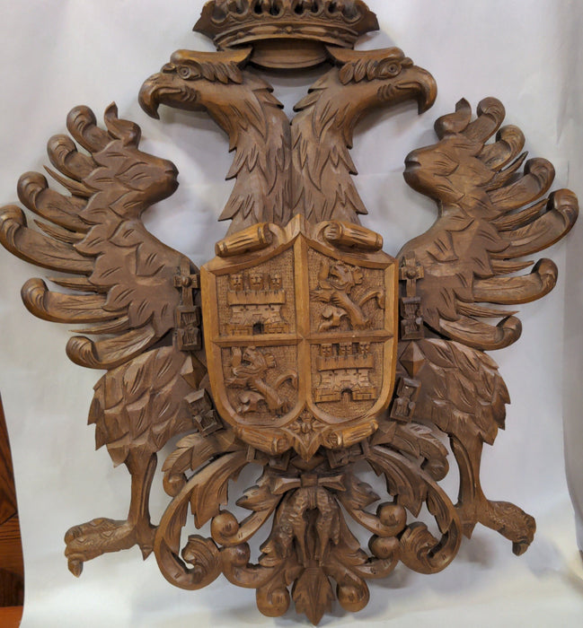 CARVED OAK DOUBLE HEADED EAGLE  PLAQUE, WITH  CENTER SHIELD