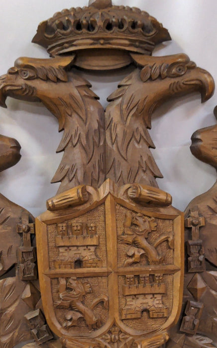CARVED OAK DOUBLE HEADED EAGLE  PLAQUE, WITH  CENTER SHIELD