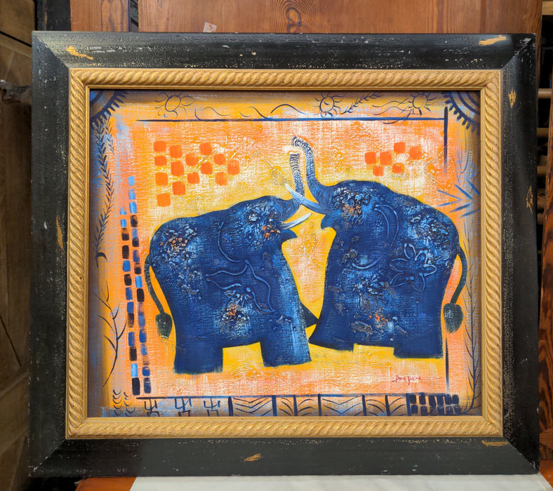 TWO BLUE ELEPHANTS IMPOSTO GICLEE PRINT ON CANVAS