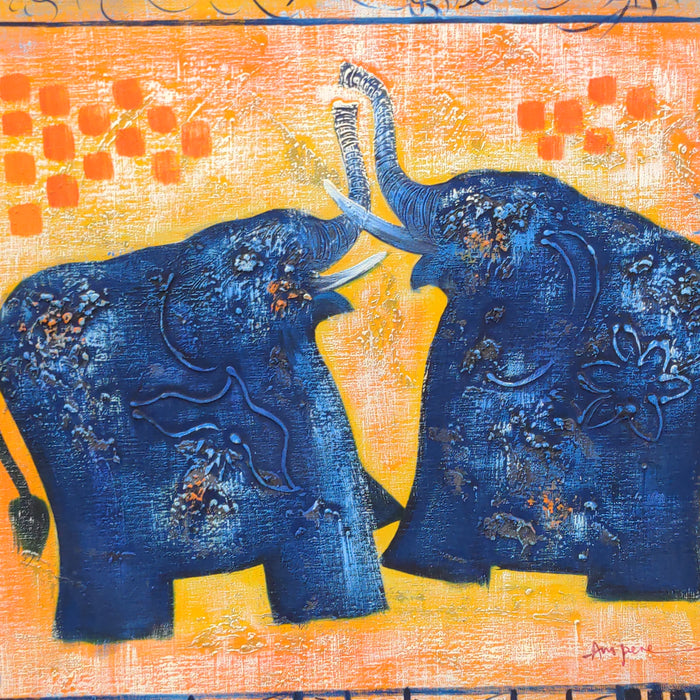 TWO BLUE ELEPHANTS IMPOSTO GICLEE PRINT ON CANVAS