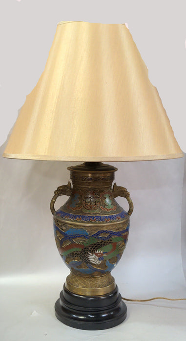 ASIAN BRONZE CHAMP LEVE LAMP WITH BRONZE HANDLES