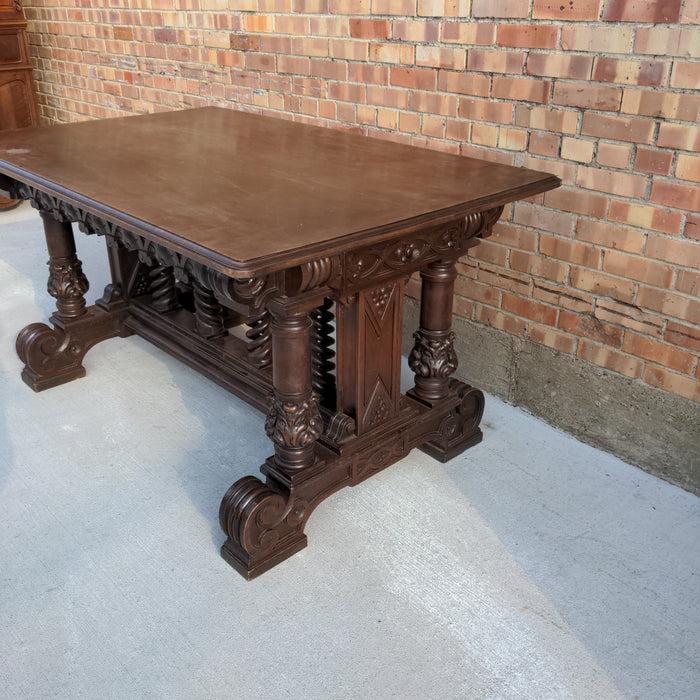 SPANISH WALNUT LIBRARY TABLE WITH OPEN BARLEY TWIST STRETCHER