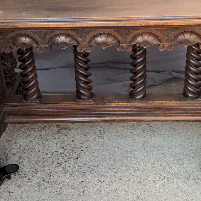 SPANISH WALNUT LIBRARY TABLE WITH OPEN BARLEY TWIST STRETCHER