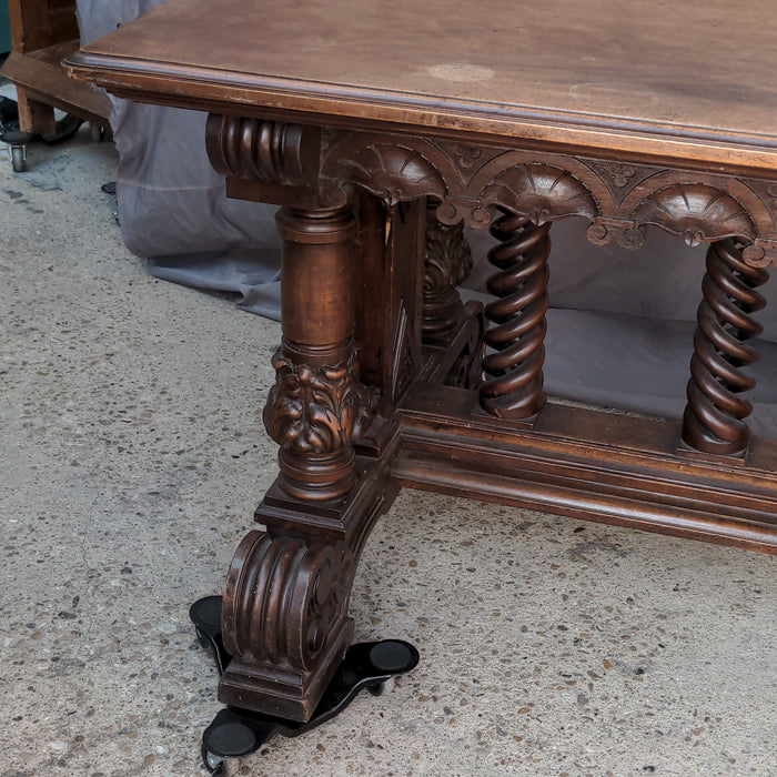 SPANISH WALNUT LIBRARY TABLE WITH OPEN BARLEY TWIST STRETCHER