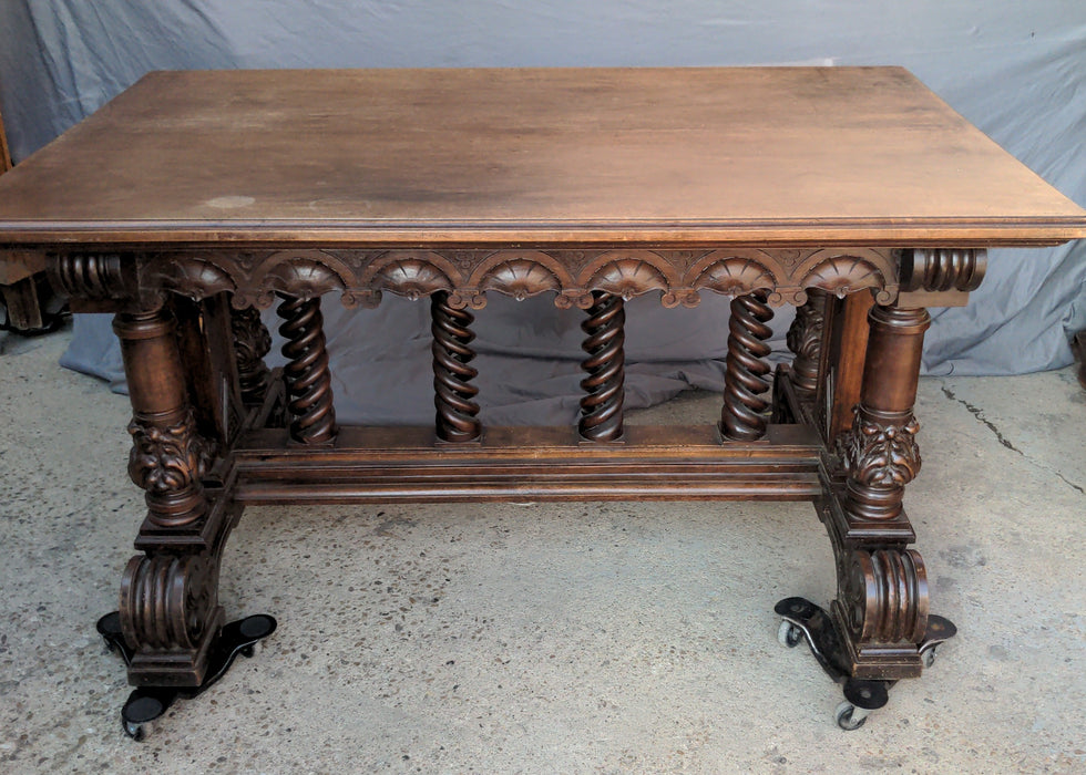 SPANISH WALNUT LIBRARY TABLE WITH OPEN BARLEY TWIST STRETCHER