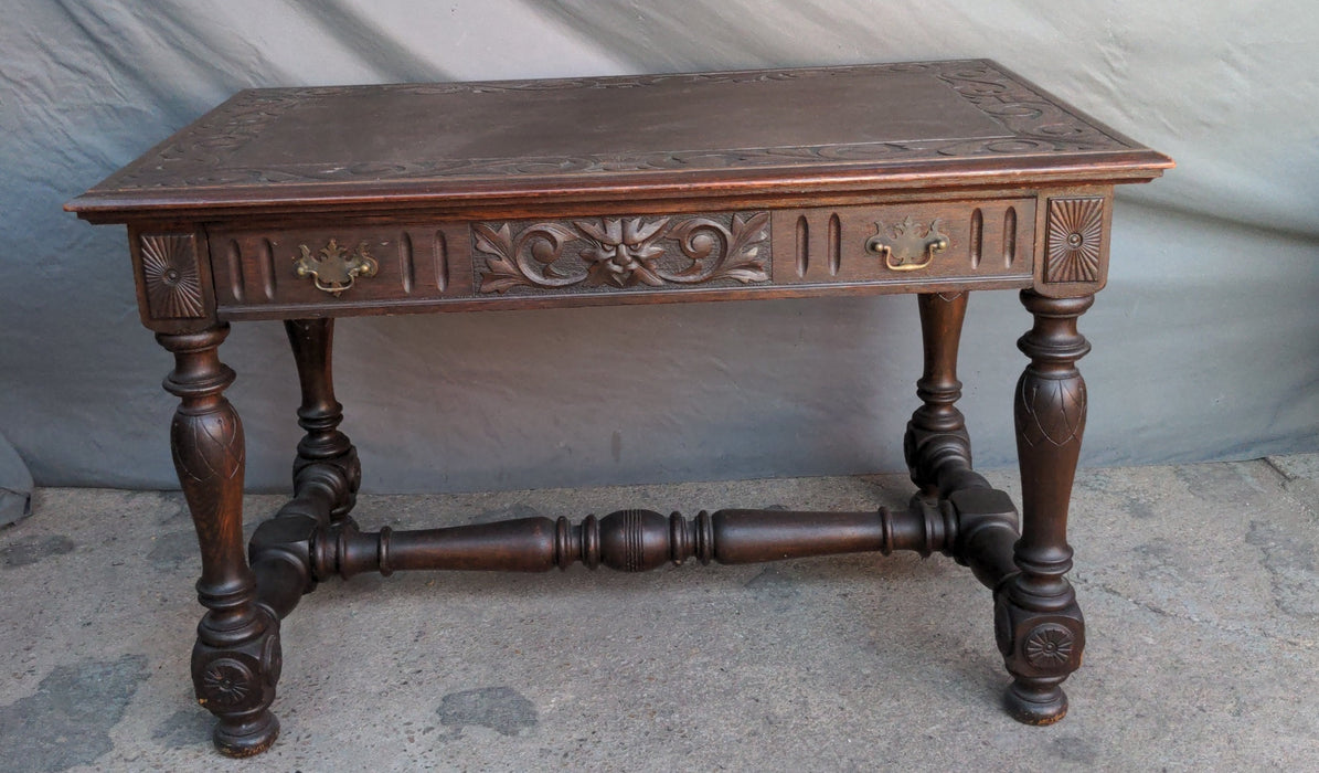 DARK OAK LIBRARY TABLE WITH TURNED LEGS & CARVED TOP