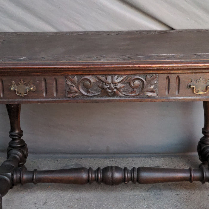 DARK OAK LIBRARY TABLE WITH TURNED LEGS & CARVED TOP