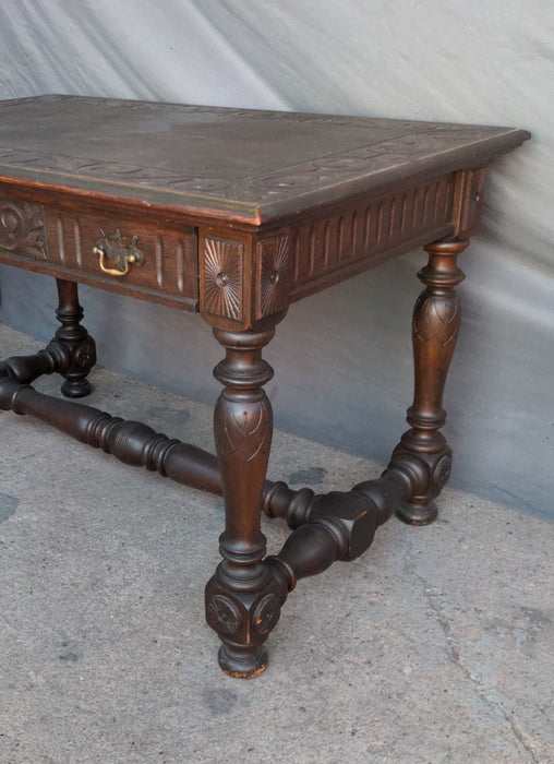 DARK OAK LIBRARY TABLE WITH TURNED LEGS & CARVED TOP