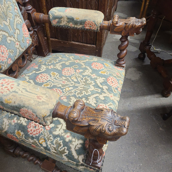 LOUIS XIII BARLEY TWIST OAK ARMCHAIR WITH TAPESTRY UPHOLSTERY