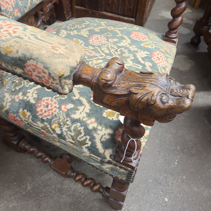 LOUIS XIII BARLEY TWIST OAK ARMCHAIR WITH TAPESTRY UPHOLSTERY