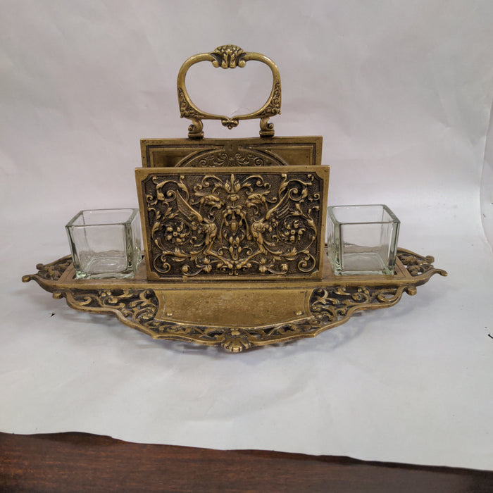 DOUBLE SIDED BRASS GRIFFIN  INKWELL & LETTER HOLDER STAND