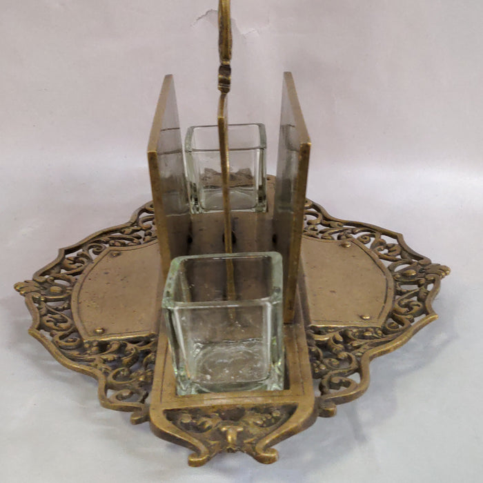 DOUBLE SIDED BRASS GRIFFIN  INKWELL & LETTER HOLDER STAND