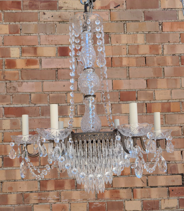 GLASS & METAL CHANDELIER WITH PRISMS AND SIX LIGHTS