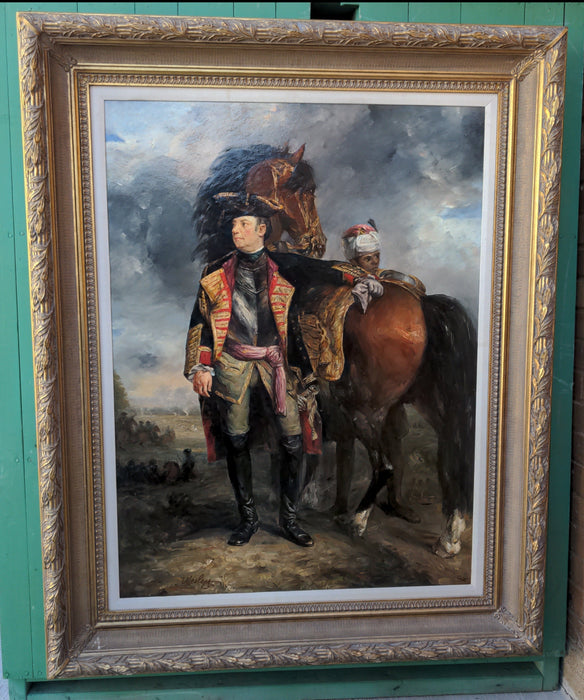 FRAMED OIL PAINTING OF SOLDIER ON HORSE