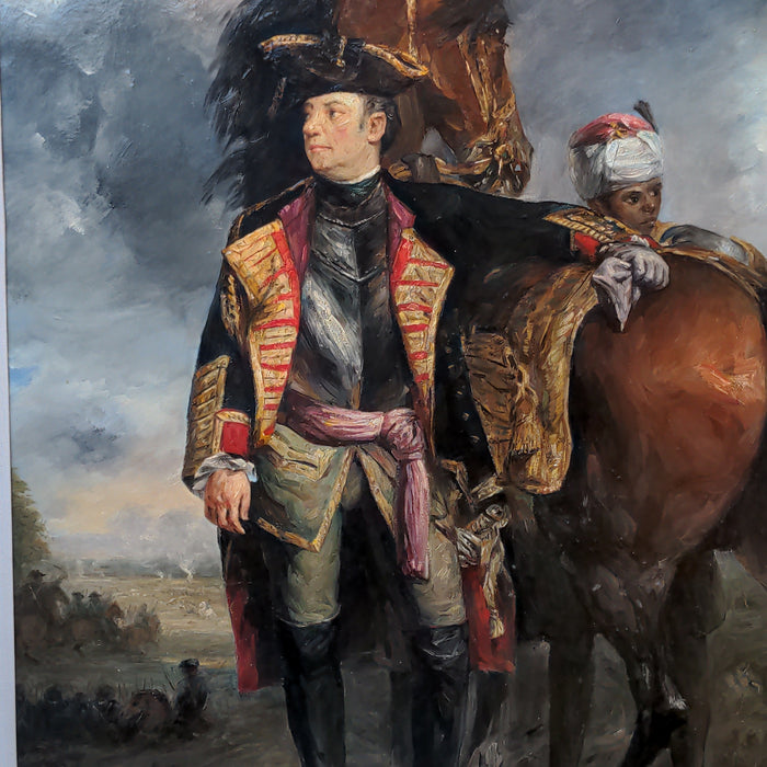 FRAMED OIL PAINTING OF SOLDIER ON HORSE