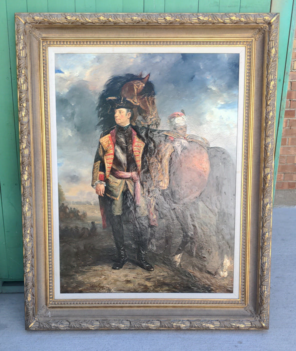 FRAMED OIL PAINTING OF SOLDIER ON HORSE