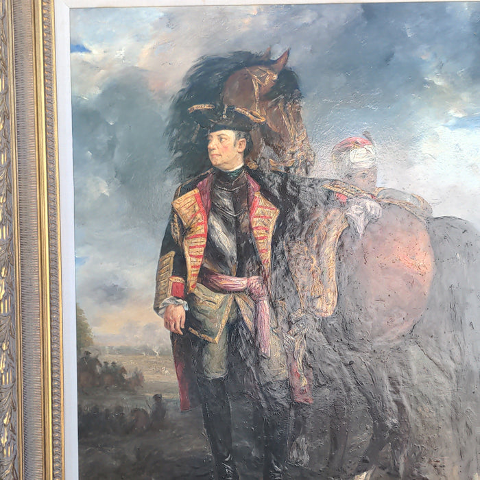 FRAMED OIL PAINTING OF SOLDIER ON HORSE