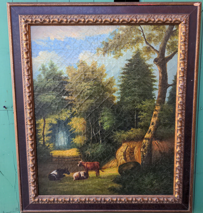 FRAMED RUSTIC PAINTING WITH 3 COWS