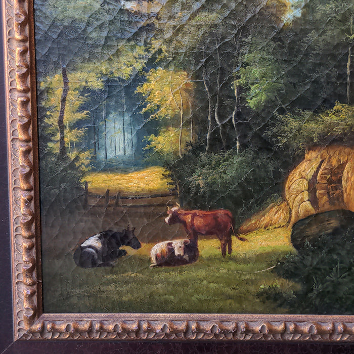FRAMED RUSTIC PAINTING WITH 3 COWS