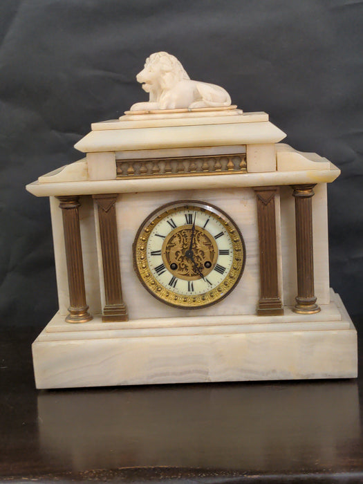 WHITE MARBLE MANTLE CLOCK WITH ORMOLU AND LION