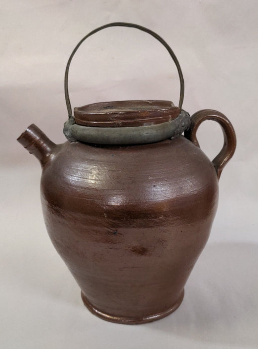 FRENCH POTTERY PITCHER WITH METAL CARRY HANDLE