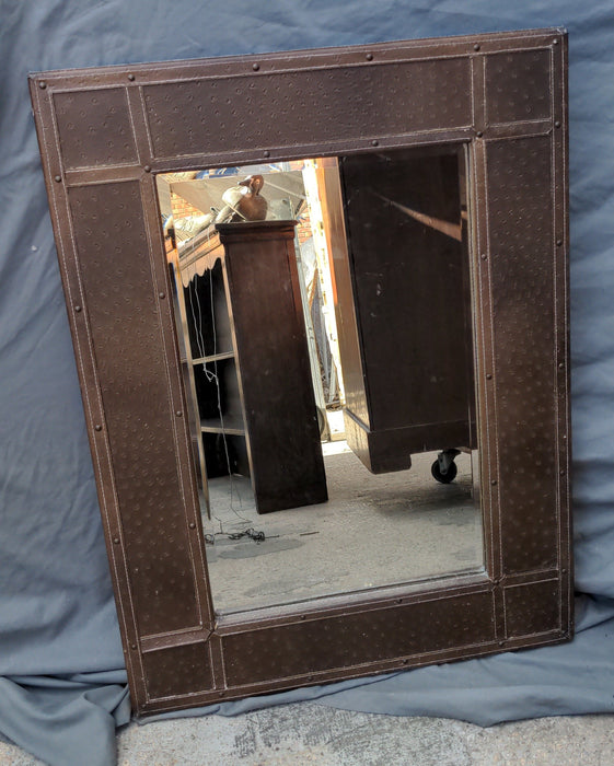 BEVELED GLASS MIRROR WITH LEATHER CLAD FRAME