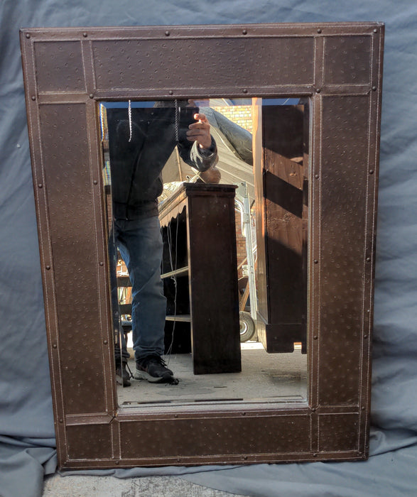 BEVELED GLASS MIRROR WITH LEATHER CLAD FRAME