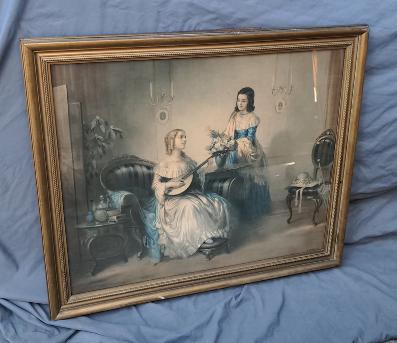 FRAME PRINT OF TWO VICTORIAN WOMEN SIGNED L. JAMBOR