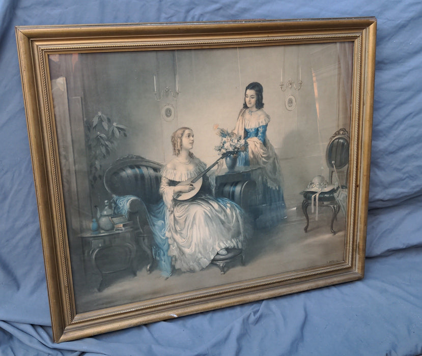 FRAME PRINT OF TWO VICTORIAN WOMEN SIGNED L. JAMBOR