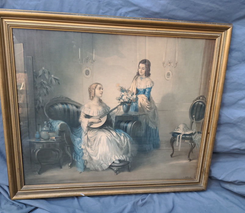 FRAME PRINT OF TWO VICTORIAN WOMEN SIGNED L. JAMBOR