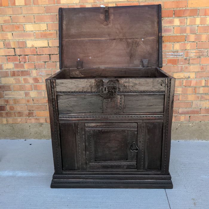 EARLY LIFT TOP CHIP CARVED CHEST WITH LOWER CABINET