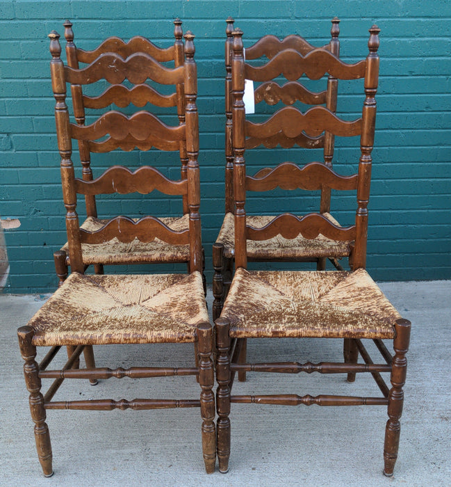 SET OF FOUR AS FOUND LADDER BACK RUSH SEAT CHAIRS