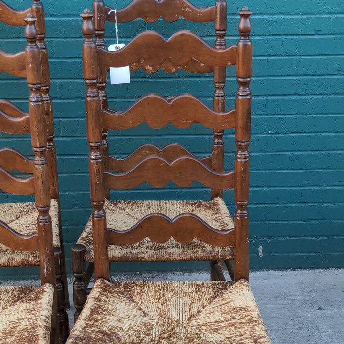 SET OF FOUR AS FOUND LADDER BACK RUSH SEAT CHAIRS