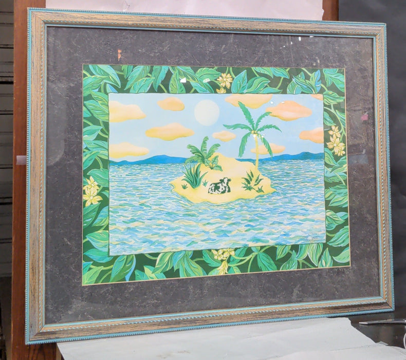 FRAMED PRINT OF A COW ON AN ISLAND