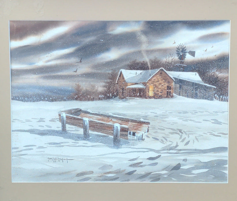 SIGNED WATERCOLOR CABIN IN SNOW