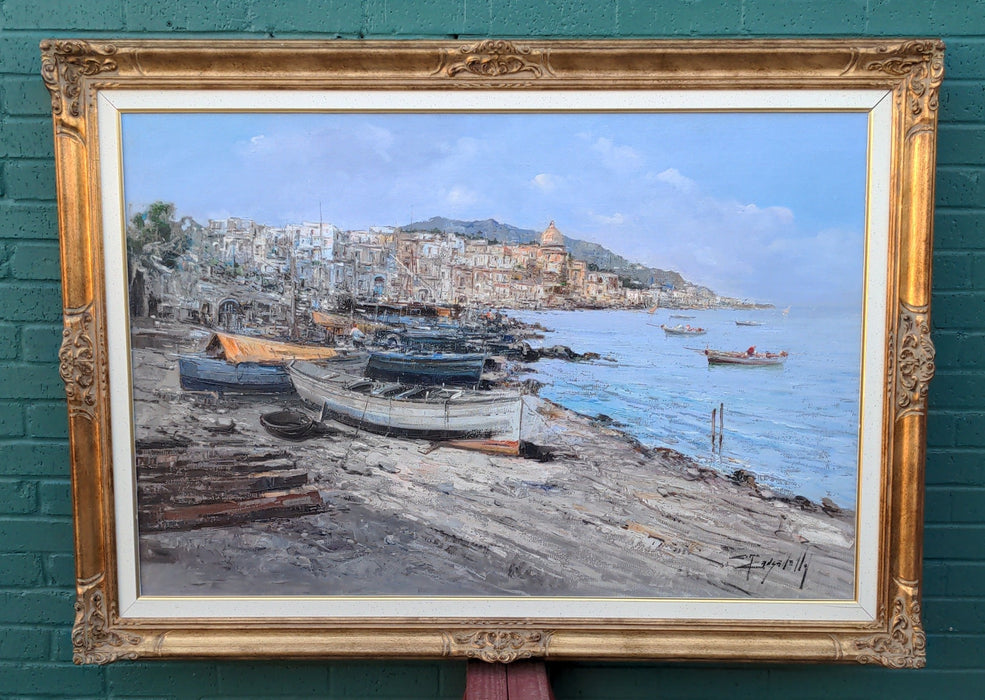 LARGE GILTWOOD FRAME MEDITERRANEAN SEASCAPE