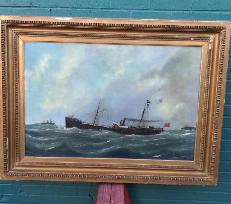 19TH CENTURY SHIP OIL PAINTING AS FOUND