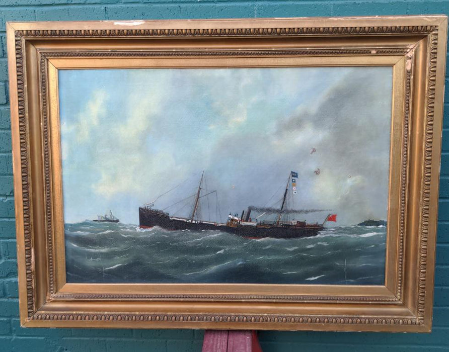 19TH CENTURY SHIP OIL PAINTING AS FOUND