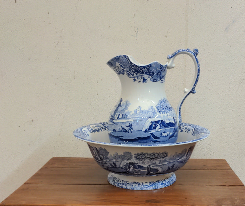 VINTAGE BLUE AND WHITE SPODE PITCHER AND WASH BOWL