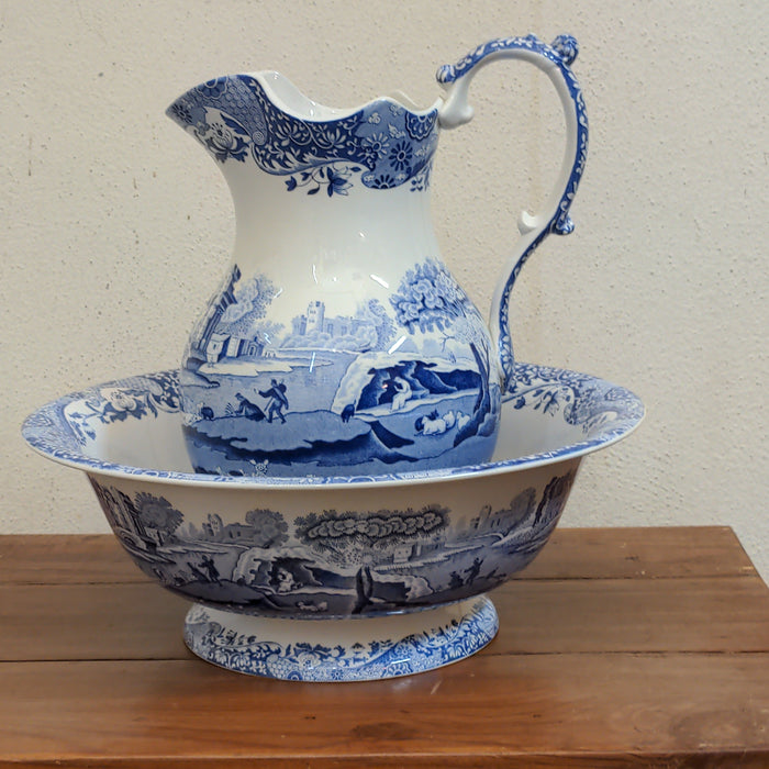 VINTAGE BLUE AND WHITE SPODE PITCHER AND WASH BOWL