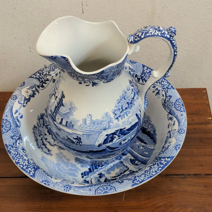 VINTAGE BLUE AND WHITE SPODE PITCHER AND WASH BOWL