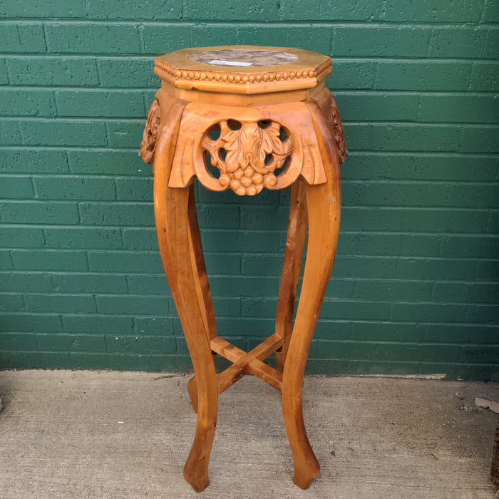 TALL CARVED ASIAN LIGHTWOOD MARBLE TOP STAND