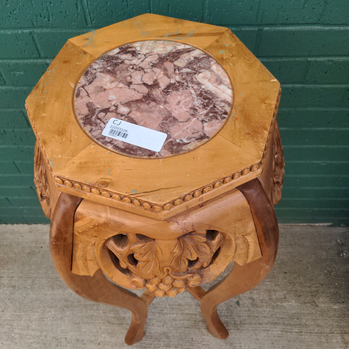 TALL CARVED ASIAN LIGHTWOOD MARBLE TOP STAND