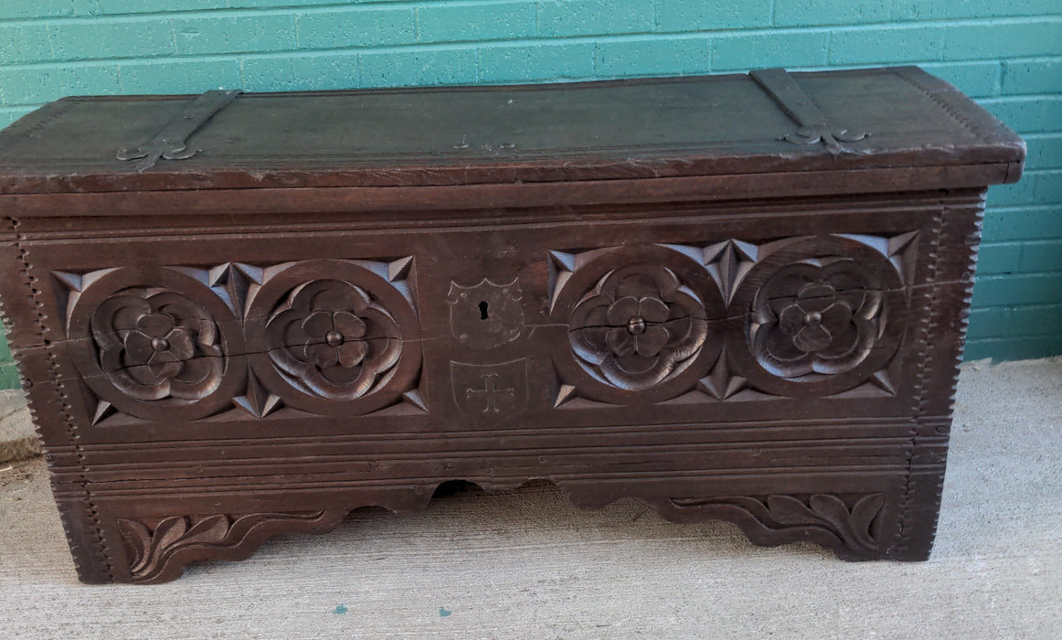 18TH CENTURY OAK FOLIATE CARVED COFFER WITH STRAP HINGES-RESTORED